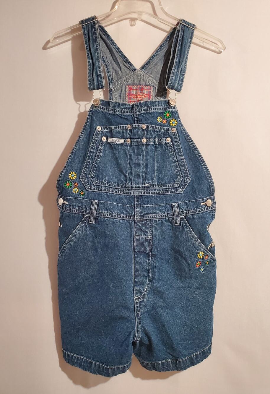 Vtg Revolt 90s Y2K Embroidered Daisy Denim Bib Shortalls Size L Hippie Overalls